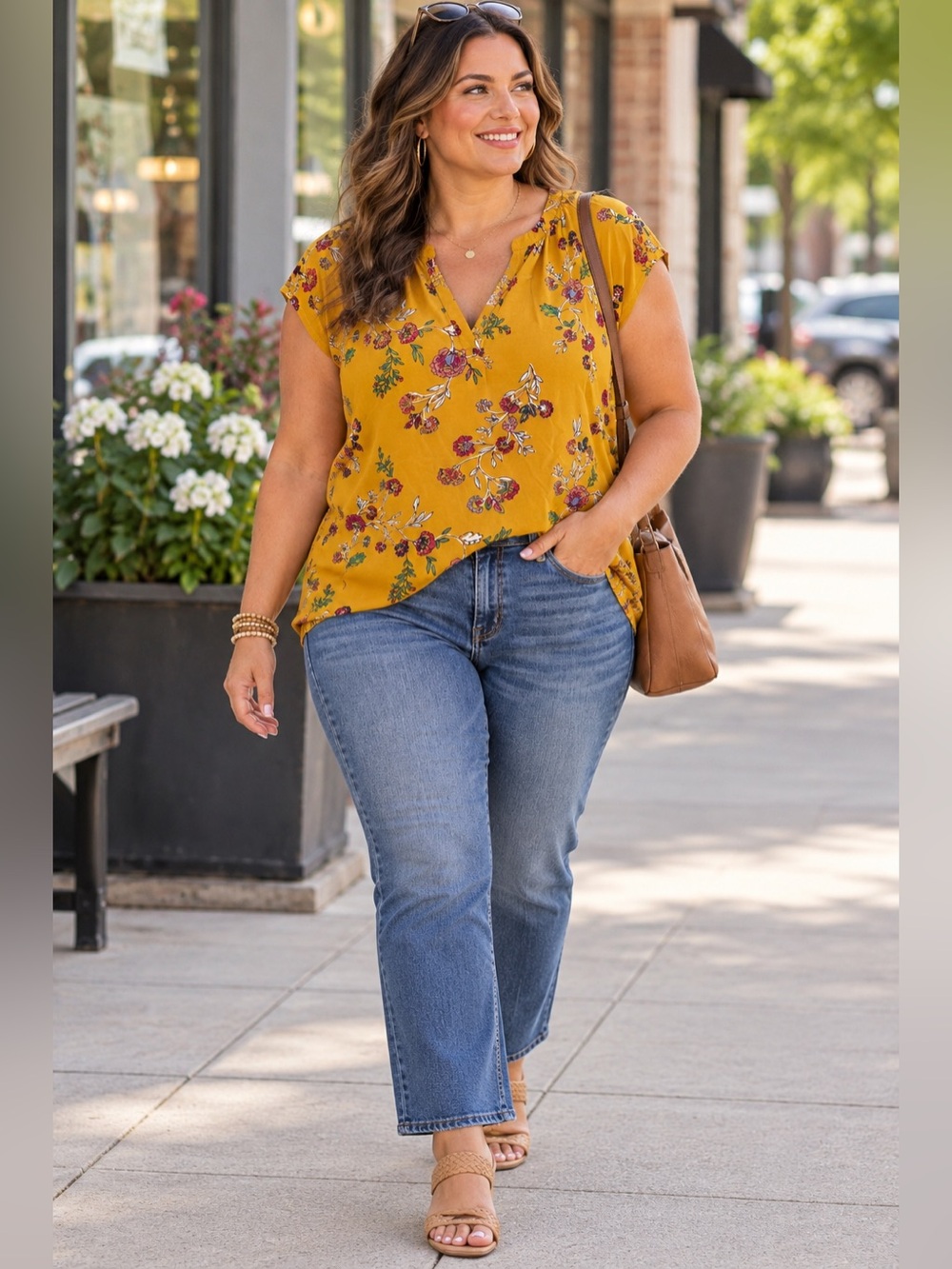 Old Navy 2X Plus Mustard Yellow Floral Split Neck Cap Sleeve Blouse Top